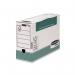 The picture shows 10 green Fellowes Bankers Box Transfer File cases, each measuring 120mm and fitting foolscap documents. These are sturdy and efficient for organizing and storing documents in a bank or office setting.