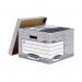 This photograph features a stack of 10 large grey storage boxes from Bankers Box. The boxes have a sleek design and are labeled with the company name. The boxes appear sturdy and spacious, perfect for organizing office supplies or important documents.