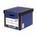 The photograph shows a stack of ten blue and white Bankers Box Premium Presto Storage Boxes The boxes are labeled with the Bankers Box and Fellowes branding