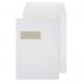 This photograph showcases a set of Blake board backed envelopes in white, with a window and a peel and seal closure. The size is 324x229mm and they have a 150gsm weight. The pack contains 125 envelopes.