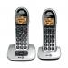 This picture showcases a pair of British Telecom cordless telephones, model BT4000, in a sleek silver and black design. The large buttons and DECT technology make for convenient and easy calling.