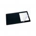 The photograph shows a black desk mat with a clear plastic overlay, measuring 53x40cm. It has a non-slip bottom and is designed to protect notes written on top of it. The mat appears to be durable and high-quality.