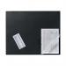 The photo shows a durable desk mat with a clear overlay, featuring a non-slip backing for stability. The mat measures 65x52cm and is in a sleek black color. It has a protector pad for keeping notes and documents in place.