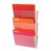 The picture features three Deflecto Wall Display Units containing Linked Wall File Pockets, each designed to hold A4 papers. The units are made of clear, durable material and have a modern, sleek appearance. The pockets are connected and arranged in a cascading design, making them perfect for organizing papers in any space.