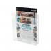 This image shows a sleek, transparent literature holder with a flat back for easy mounting. The holder is designed to fit A5 sized documents and has a simple, modern look. The Deflecto logo is visible on the bottom right corner of the holder.