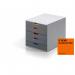The photograph shows a desktop organiser with 5 drawers in a variety of bright colours for easy organisation. The set is made of durable material and can hold A4+ sized items.