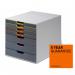 This picture features a sturdy and durable VARICOLOR desktop organizer with seven color-coded drawers for modular storage. The drawers can hold A4+ size items and are perfect for keeping your workspace neat and organized.
