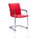 In this photo, a sleek red Dynamic Visitors Echo Cantilever Chair with arms is shown. Its soft bonded leather upholstery adds a touch of sophistication. The chairs cantilever design allows for comfortable and dynamic seating.