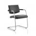 A picture of the Dynamic Visitors Havanna Visitor Black Leather shows a sleek, black leather chair with curved edges and a sturdy base. The leather gives off a smooth, polished look while the curved design adds a touch of modern elegance. It would make a stylish addition to any office or living space.