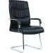 The image shows a black faux leather chair with a sleek and modern design. It features a cantilever base for added stability and arms for comfort. The overall look is luxurious and perfect for any dynamic office or home setting.