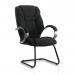 The image shows a sleek and modern black fabric armchair, with a cantilever base and curved armrests. The unique design of the Galloway chair provides a dynamic and stylish visual appeal for any space.