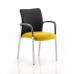 The Dynamic Visitors Academy visitor in this photo stands with arms crossed, dressed in a black fabric back chair with a bespoke color seat in Senna Yellow. Bold and stylish, this chair adds a pop of color to any environment.