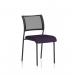 This photo features a sleek and modern black framed chair without arms. The seat is a vibrant tansy purple color, adding a pop of color to any space. Its bespoke design offers a dynamic and unique look to any room.