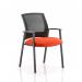 A modern and stylish visitor chair with a sleek mesh back and a custom tabasco orange seat. Its dynamic design is perfect for any office or waiting room. The vibrant color adds a pop of personality to any space.