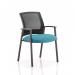 This photo features a sleek and modern visitor chair in a vibrant shade of teal. The mesh back design adds a touch of elegance, while the bespoke color seat adds a personalized touch. Perfect for an office or waiting room.