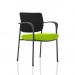 The photo captures a stylish Dynamic Visitors Brunswick Deluxe chair with arms, featuring a sleek black frame and back, and a custom Myrrh Green seat color. The overall design exudes modern elegance and sophistication.