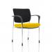 In the image, we see a sleek and stylish Brunswick Deluxe visitor chair with chrome frame and black fabric back. The arms add a touch of sophistication while the bespoke Senna Yellow seat adds a pop of color to the space. This chair is perfect for modern and dynamic workspaces.