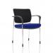 The image shows a sleek and modern Dynamic Visitors Brunswick Deluxe chair. The arms, chrome frame, and black fabric back give it a stylish look. The seat comes in a bespoke color, while the Stevia Blue adds a pop of color.