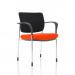 In the photo, the Dynamic Visitors Brunswick Deluxe chair stands adorned with sleek chrome arms and a black fabric back. The unique bespoke seat is a striking tabasco orange color, creating a bold statement piece. Ideal for office or reception spaces.