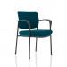 The photo captures a row of sleek black chairs with elegant armrests and a vibrant teal back and seat, adding a pop of color to any space. The frame exudes sophistication and the dynamic design invites visitors to take a seat and stay a while.