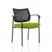The image shows a modern and stylish Dynamic Visitors Brunswick Deluxe chair. It features a black frame and a mesh back for comfortable support. The bespoke colour seat adds a pop of myrrh green to the overall aesthetic.