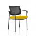 In the image, we see a sleek and modern Dynamic Visitors Brunswick Deluxe chair with arms and a black frame. The back is made of breathable mesh and the seat is a unique Senna Yellow color, customized for the individual. This chair combines style and ergonomic comfort for any office or workspace.