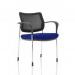 A photograph of the Dynamic Visitors Brunswick Deluxe with Arms shows a sleek and modern chair with a chrome frame and vibrant Stevia Blue bespoke color seat. The mesh back adds an element of sophistication and comfort.