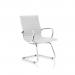 The image showcases a sleek and modern Nola Cantilever Chair, featuring a soft bonded leather seating in crisp white color. The chairs dynamic design features a cantilever base, providing a comfortable and stylish seating option for any space.