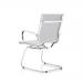 A photograph of the Dynamic Visitors Nola Cantilever Chair in soft bonded leather and white color showcases its sleek and modern design. The cantilever base adds an elegant touch while the soft leather provides ultimate comfort. This chair would be a stylish addition to any space.