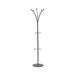 The picture shows a classic silver steel office coat stand manufactured by Stewart Superior Europe Ltd. The stand has a sleek and modern design, with multiple tiers and hooks for organizing coats, hats, and accessories. The sturdy construction and elegant finish make it a functional and stylish addition to any office or workspace.