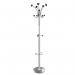 The SECO Coat Racks & Stands Revolving Coat Stand has a sleek and modern design featuring a shiny stainless steel frame. The stand has multiple hooks for hanging coats, hats, and scarves, and a sturdy base for stability. Its rotating feature allows for easy access to all items.