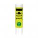 The picture shows a pack of 12 UHU Stic glue sticks, each weighing 21g. The sticks are neatly arranged in a row, with the UHU logo prominently displayed on each one. The packaging is bright and colorful, making it easy to spot on a store shelf. Some sticks have been slightly used, with the adhesive visible at the top. The overall image is clean and professional, appealing to both adults and children.