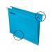 The image shows a pack of 25 Pendaflex Suspension Filing Esselte Classic A4 Blue Suspension Files. Each file has a label at the top, with a metal hook for hanging. The files are stacked neatly on top of each other, with the blue color standing out.