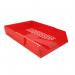 The photograph shows a stack of Deflecto Europe Letter Trays, specifically the Deflecto Essentials Letter Tray in a striking red color. These trays are designed to stack easily and can hold A4 or Foolscap sized paper in portrait orientation.
