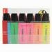 This picture shows six STABILO BOSS ORIGINAL Highlighters in a wallet. Each pen has a chisel tip that produces a line width of 2-5mm. The set features an assortment of vibrant colors. These highlighters are produced by the brand Stabilo.