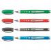 The image shows a set of colorful Stabilo Rollerball Pens lying on a white surface. The pens have a sleek design, with a black, blue, green, and red color scheme. Each pen has a 0.5mm line width. The pens are neatly organized in a wallet, with four compartments to hold them securely in place.  The Stabilo logo is visible on each pen, along with the word worker in bold black letters.
