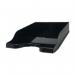The photo features sleek black letter trays from Deflecto Europe, designed for A4 or foolscap sized documents. Their unique Steritouch technology helps prevent the spread of germs. The trays are shown in a portrait orientation, giving a professional and organized look.