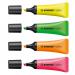 This image shows a set of four Stabilo neon highlighters, each in a different vibrant color. The highlighters have a chisel tip and can create lines ranging from 2-5mm in thickness. They are neatly stored in a wallet for easy organization.