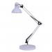 A pristine white Alba Architect Desk Lamp sitting on top of an elegant Alba desk. The long, adjustable arm has a sophisticated yet practical design. The lamp is shining a bright light, perfect for illuminating any workspace.