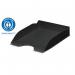 The image shows a set of Durable ECO stackable letter trays made from 80% recycled plastic in black. These trays are designed for filing A4 documents, and they have a durable construction for long-lasting use. The stackable design allows for easy organization and space-saving storage.