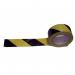 The photograph shows a roll of bright black and yellow tape with the words ValueX Quarantine Tape and ValueX Lane Marking Tape written on it. The tape measures 50mm by 33m and is designed for marking off areas or lanes.