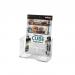 The image shows a clear, portrait-oriented literature holder from Deflecto Europe. The holder is designed to hold A5-sized materials and has a sleek and modern appearance.