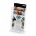 This photo features a clear Deflecto Flat Back Literature Holder with DL portrait dimensions, ideal for displaying various literature materials. The holder has a sleek and modern design with a flat back and is manufactured by Deflecto Europe.