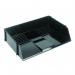 The photo shows a set of Deflecto Europe Letter Trays in the Essentials line. The trays have wide entry and can hold A4 or Foolscap size paper in landscape orientation. They are made of black plastic and have a sleek and professional appearance.