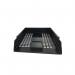 The image displays a set of Deflecto Europe Letter Trays in black, stacked on top of each other, with a mix of A4 and foolscap size papers inside. The trays are designed to be stackable and are perfectly sized for portrait orientation.