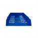 The photograph showcases a set of Deflecto Europe Letter Trays in blue, with a stackable design to save space. The trays are suitable for both A4 and Foolscap paper sizes and have a portrait orientation. The simple yet functional design is evident, making it a practical choice for any workspace.
