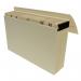 The photograph displays a sleek and organized Cathedral expanding file, made with durable manilla material. The foolscap size can accommodate a large quantity of documents, with 16 labeled pockets for A-Z and monthly planning purposes. The soft buff color adds a touch of elegance to the file, making it a practical and stylish addition to any office or workspace.