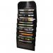 The picture shows a black, polypropylene expanding file with 7 pockets, designed to hang on a wall. Its compact size and portable design make it a convenient organizational tool for any environment. The sleek, cathedral-inspired shape adds a touch of elegance to this practical storage solution.