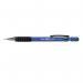 The photo shows a pack of 12 Pentel Co mechanical pencils, with a blue barrel and HB 0.7mm lead. The pencils are neatly lined up and ready to use. Each pencil has a Pentel logo and model number printed in silver. A sleek and practical writing instrument.