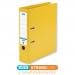 The picture shows a vibrant yellow Elba Smart Pro+ Lever Arch File. The file has a durable polypropylene cover and a sturdy 80mm spine. The front features a label for easy identification, while the back has a clear slip pocket for additional storage. The sleek design and metal lever arch mechanism make it easy to open and close. The file can hold A4 sized documents and has a total capacity of 100 sheets. The edges are reinforced with metal for extra strength and protection. This file is perfect for keeping your important papers organized and secure.
